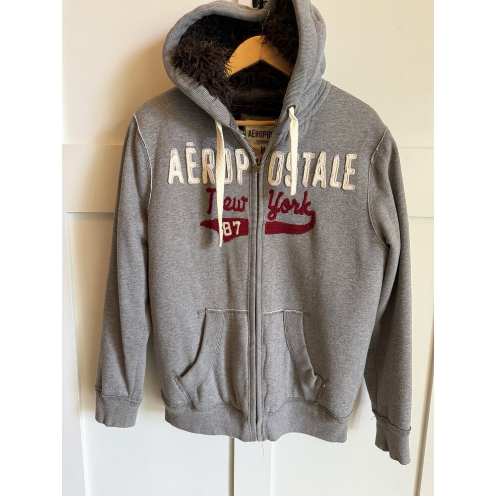 Vintage Men’s Y2K Aeropostale New York 87 Gray Full Zip Faux Fur Hoodie Size M